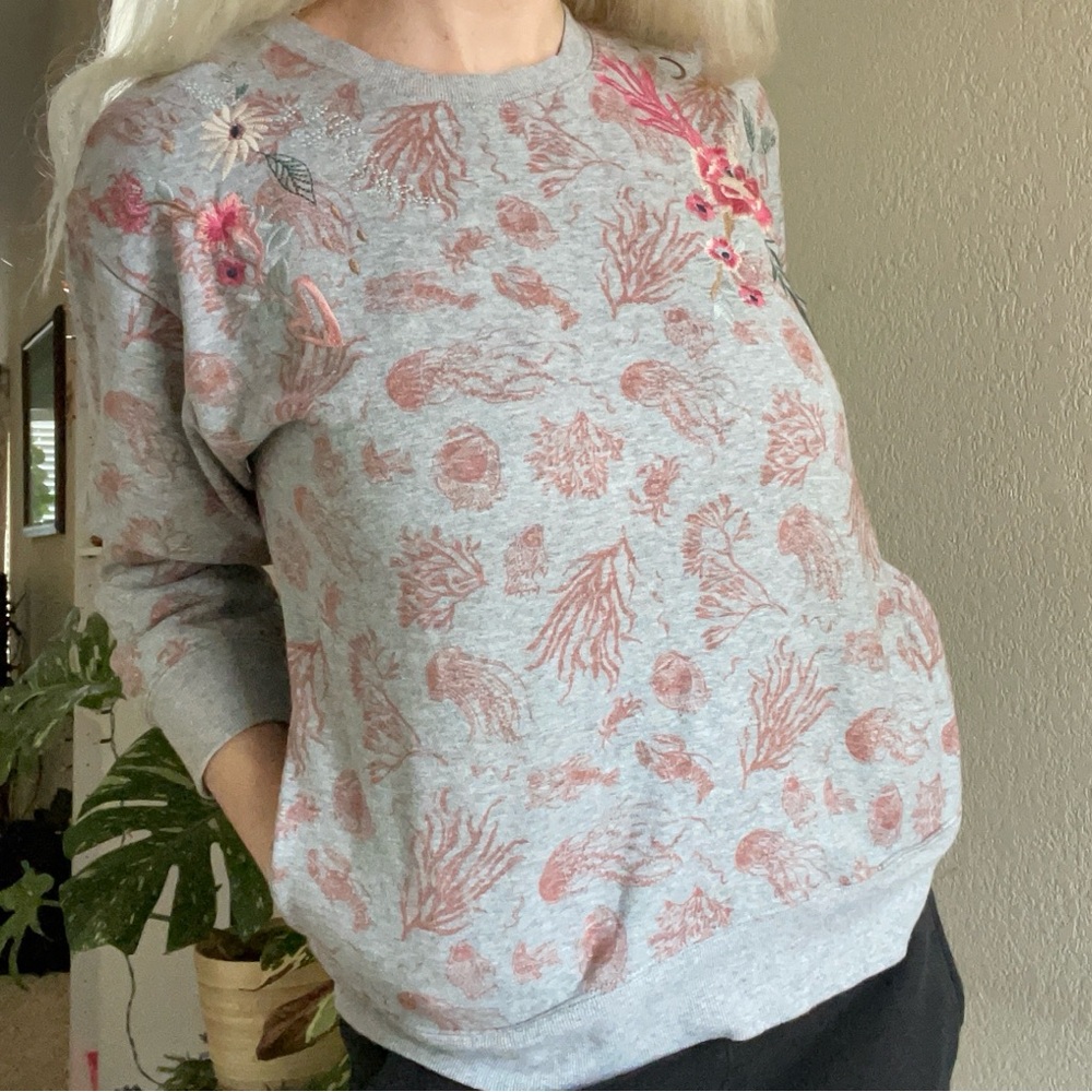 Johnny Was Nautical Heather Grey French Terry Embroidered Pocket Sweatshirt